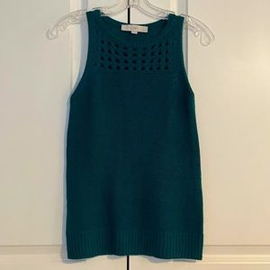 LOFT Sleeveless Open Knit Yoke Sweater Top (XS Petite, Emerald Green)